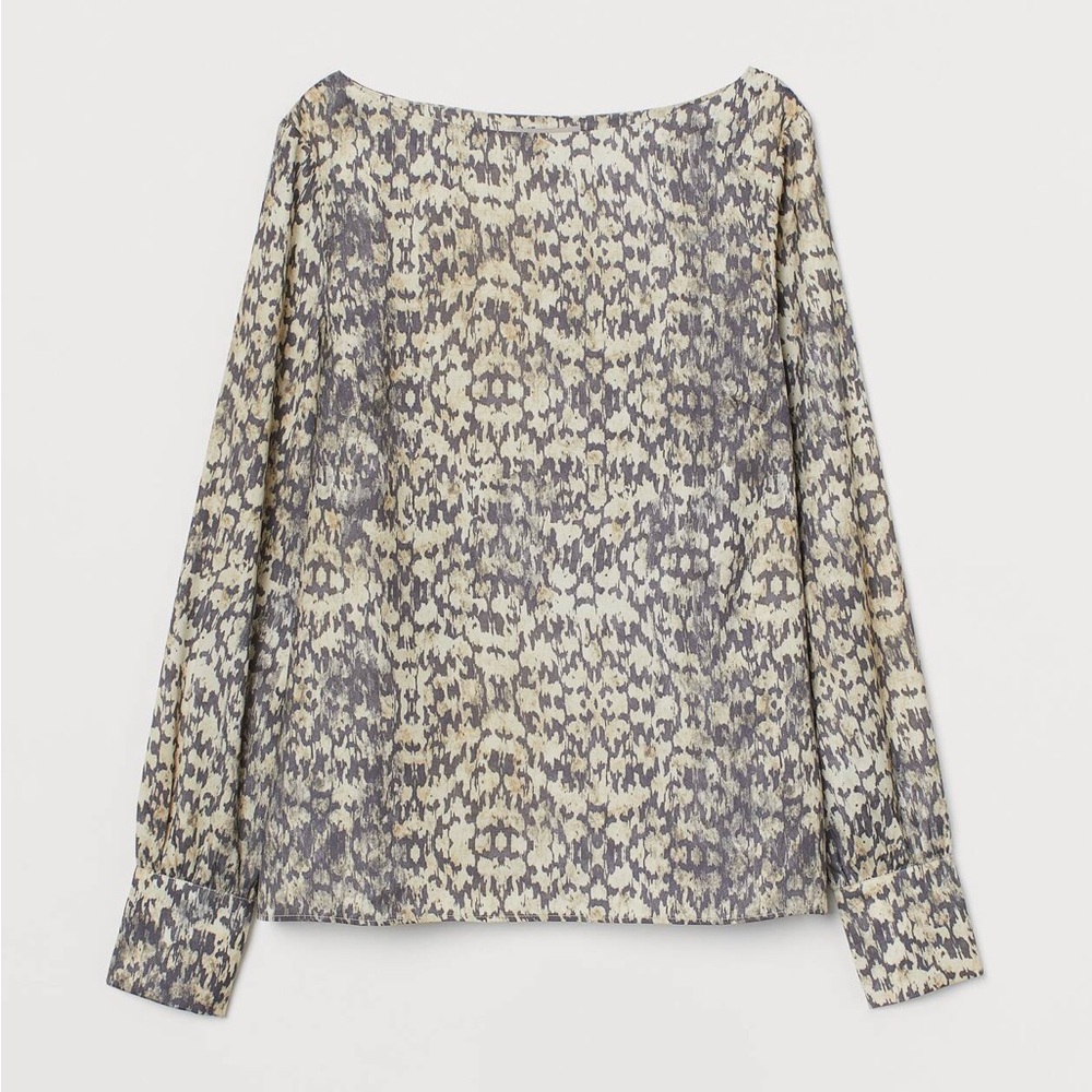 NEW H&M Satin Boat Neck Printed Long Sleeve Top Women's Size XXL